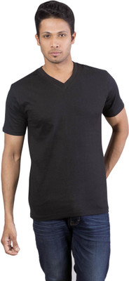 Oviyon Solid Men' V-neck Black T-Shirt