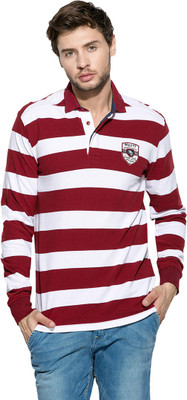 Mufti Striped Men's Polo Neck Maroon, White T-Shirt, Red