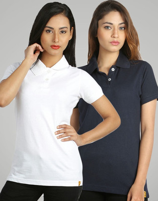 Campus Sutra Solid Women's Polo Neck White, Blue T-Shirt(Pack of 2