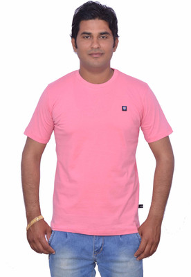Leaf Solid Men' Round Neck Pink T-Shirt