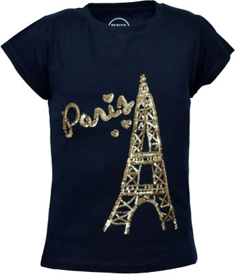Pepito Girls Embellished T Shirt(Blue, Navy blue