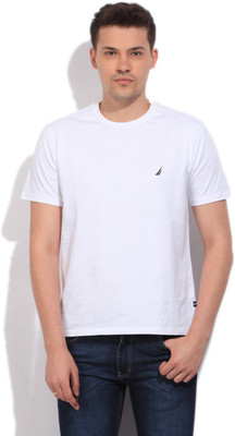 Nautica Solid Men's Round Neck White T-Shirt, Bright wht