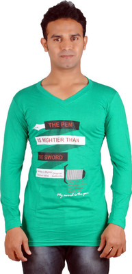 Harsha Printed Men' V-neck Green T-Shirt