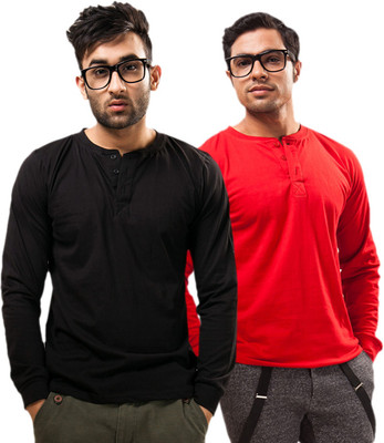 Unisopent Designs Solid Men' Henley Black, Red T-Shirt(Pack of 2