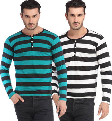 Leana Striped Men's Fashion Neck Multicolor T-Shirt(Pack of 2, Multi - text