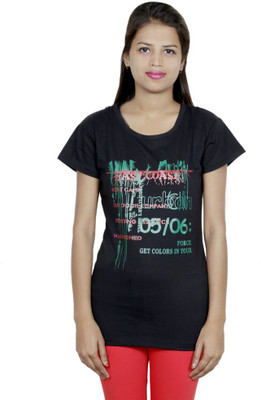 IndiWeaves Girls Printed Cotton T Shirt(Black, Pack of 1)