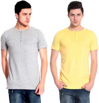 Lemon & Vodka Solid Men' Henley Yellow, Grey T-Shirt(Pack of 2