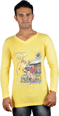 Harsha Printed Men's V-neck Yellow T-Shirt