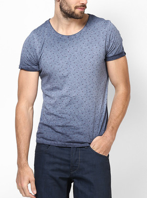 Jack & Jones Printed Men' Round Neck Blue T-Shirt, Peacoat