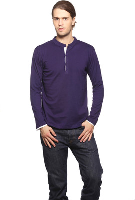Gritstones Solid Men' Henley Purple T-Shirt, Navy