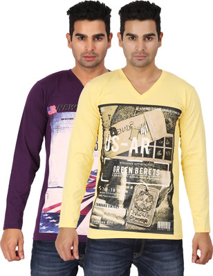 Lyril Printed Men's V-neck Purple, Yellow T-Shirt(Pack of 2