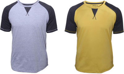 Poshuis Solid Men' Round Neck Grey, Yellow T-Shirt(Pack of 2