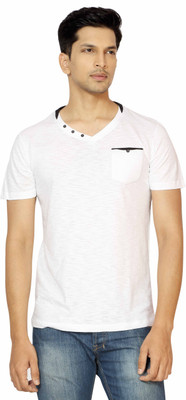 La Seven Solid Men's V-neck White T-Shirt
