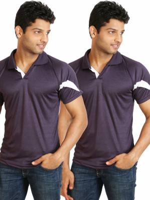 Campus Sutra Solid Men Polo Neck Purple T-Shirt(Pack of 2, Purple:purple