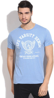 Pepe Jeans Printed Men's Round Neck Blue T-Shirt, Sky