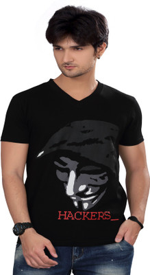 Elegance Cut Printed Men's V-neck Black T-Shirt