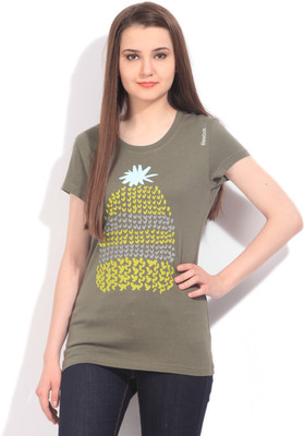 REEBOK Printed Women's Round Neck Green T-Shirt, Modoli