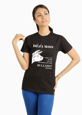 Campus Sutra Printed Women' Round Neck Black T-Shirt