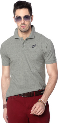 People Solid Men's Polo Neck Grey T-Shirt