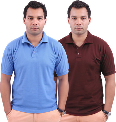 Stylenfly Solid Men's Polo Neck Light Blue, Maroon T-Shirt(Pack of 2