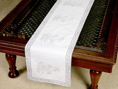 Jodhaa White, Grey 180 cm Table Runner(Cotton)