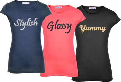 Lil Orchids Girls Casual Cotton Top(Multicolor, Pack of 3, Navy