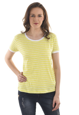 Ausehen Casual Short Sleeve Striped Women's Green Top, Neon green