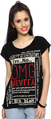 People Printed Women's Round Neck Black T-Shirt