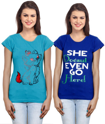 IndiWeaves Casual Short Sleeve Printed Women's Blue, Blue Top(Size: XXL)
