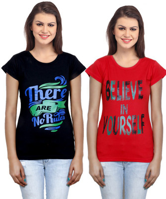 IndiWeaves Casual Short Sleeve Printed Women's Black, Red Top(Size: L)