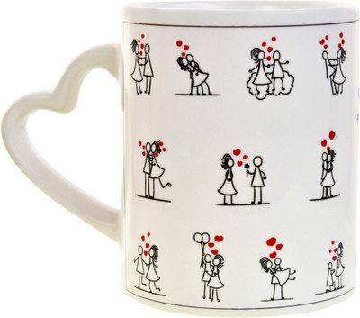 Halowishes Printed Valentine Heart Handle Ceramic Mug(325 ml), Multicolor