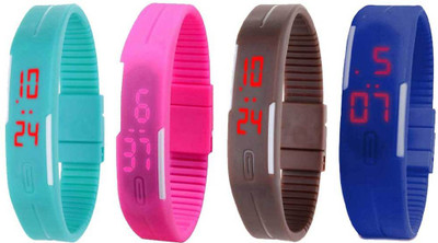 Kissu Led Magnet Band Combo of 4 Sky Blue, Pink, Brown And Blue Watch - For Men & Women