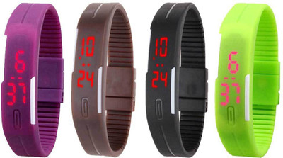 Kissu Led Magnet Band Combo of 4 Purple, Brown, Black And Green Watch - For Men & Women