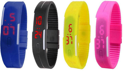 NS18 Silicone Led Magnet Band Watch Combo of 4 Blue, Black, Yellow And Pink Watch - For Couple
