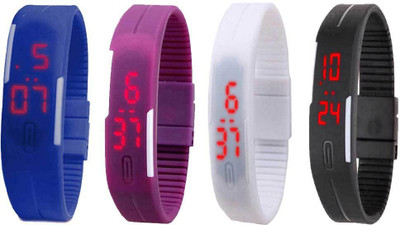 Kissu Led Magnet Band Combo of 4 Blue, Purple, White And Black Watch - For Men & Women