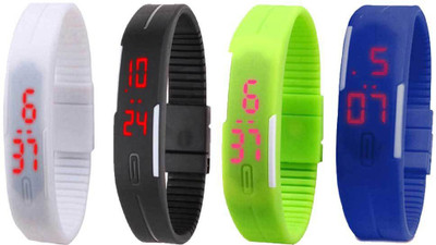 Kissu Led Magnet Band Combo of 4 White, Black, Green And Blue Watch - For Men & Women