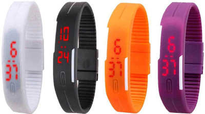 Kissu Led Magnet Band Combo of 4 White, Black, Orange And Purple Watch - For Men & Women