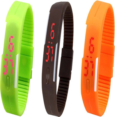 Twok Combo of Led Band Green + Brown + Orange Watch - For Men & Women