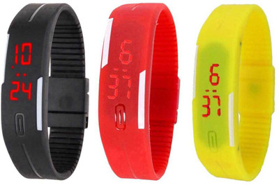 Kissu Led Magnet Band Combo of 3 Black, Red And Yellow Watch - For Men & Women