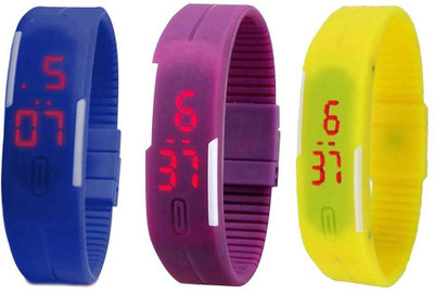 Kissu Led Magnet Band Combo of 3 Blue, Purple And Yellow Watch - For Men & Women
