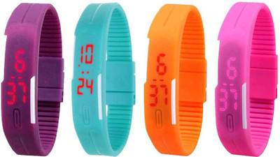 NS18 Silicone Led Magnet Band Combo of 4 Purple, Sky Blue, Orange And Pink Watch - For Boys & Girls