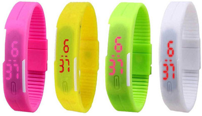 NS18 Silicone Led Magnet Band Combo of 4 Pink, Yellow, Green And White Watch - For Boys & Girls