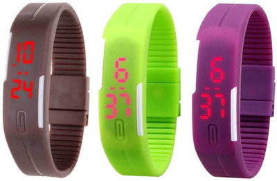 Kissu Led Band Watch Combo of 3 Brown, Green And Purple Watch - For Couple