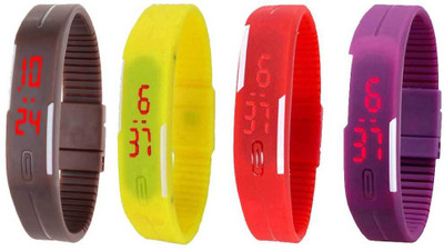 Kissu Led Magnet Band Combo of 4 Brown, Yellow, Red And Purple Watch - For Men & Women