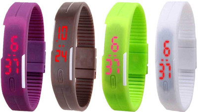 Kissu Led Magnet Band Combo of 4 Purple, Brown, Green And White Watch - For Men & Women