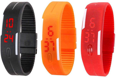 NS18 Silicone Led Magnet Band Combo of 3 Black, Orange And Red Watch - For Boys & Girls