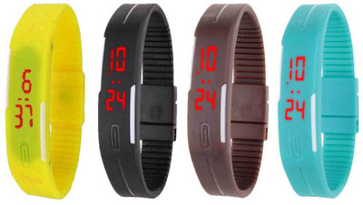 NS18 Silicone Led Magnet Band Watch Combo of 4 Yellow, Black, Brown And Sky Blue Watch - For Couple