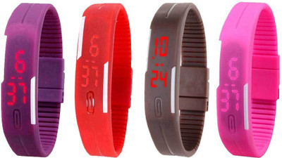 Kissu Led Magnet Band Combo of 4 Purple, Red, Brown And Pink Watch - For Men & Women