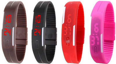 Kissu Led Magnet Band Combo of 4 Brown, Black, Red And Pink Watch - For Men & Women