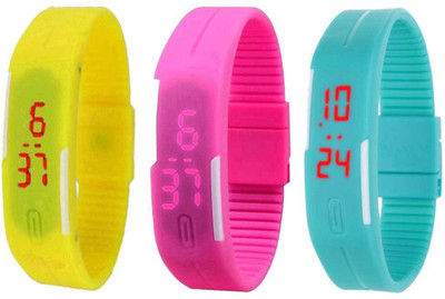 Kissu Led Band Watch Combo of 3 Yellow, Pink And Sky Blue Watch - For Couple